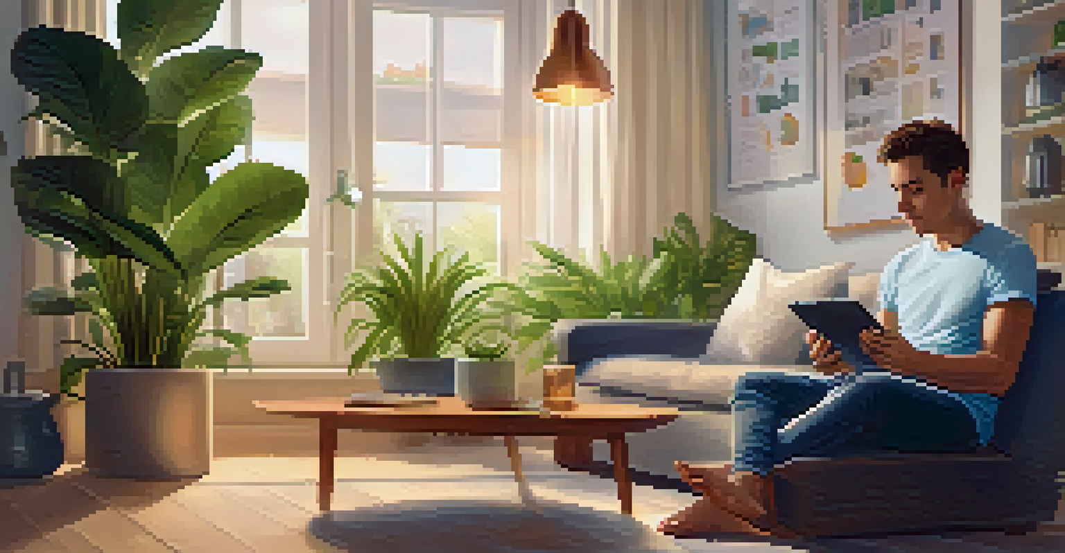 An individual checking health metrics on a tablet while wearing a smartwatch, sitting in a cozy living room with indoor plants.