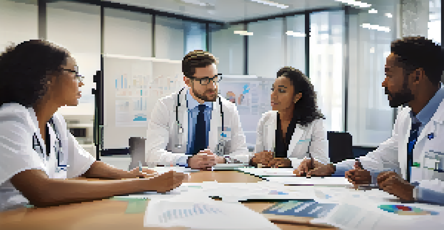 A diverse group of healthcare professionals collaborating in a meeting room, showcasing teamwork and ethical decision-making.