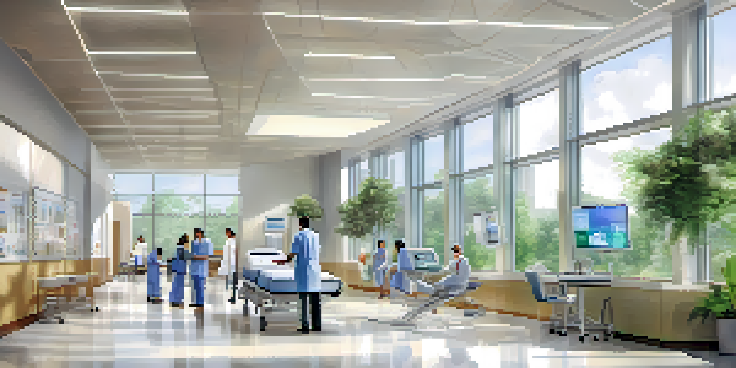 A modern healthcare facility with professionals collaborating in a bright room filled with natural light.