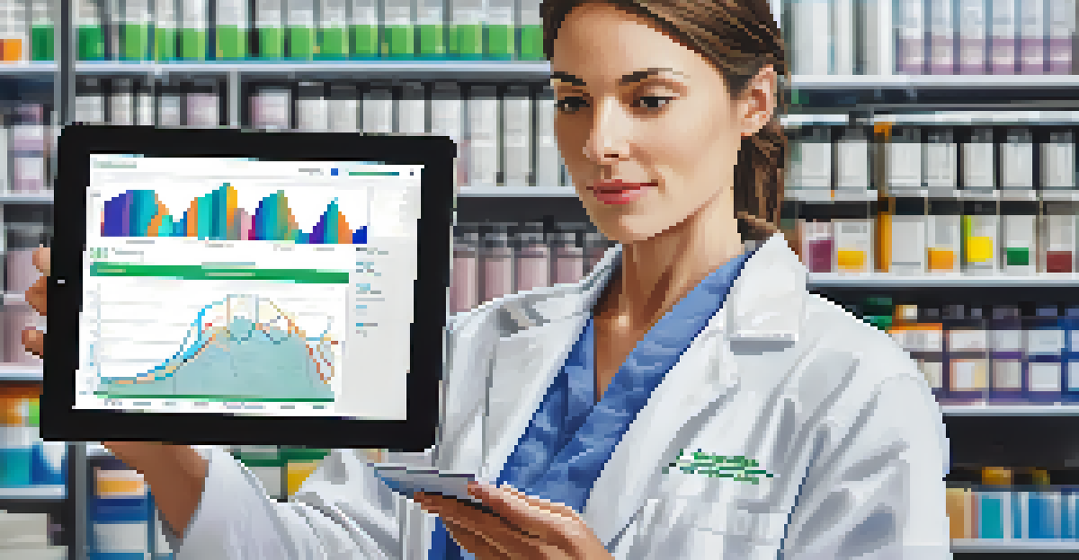 A researcher looking thoughtfully at a tablet showing clinical trial results in a lab environment.