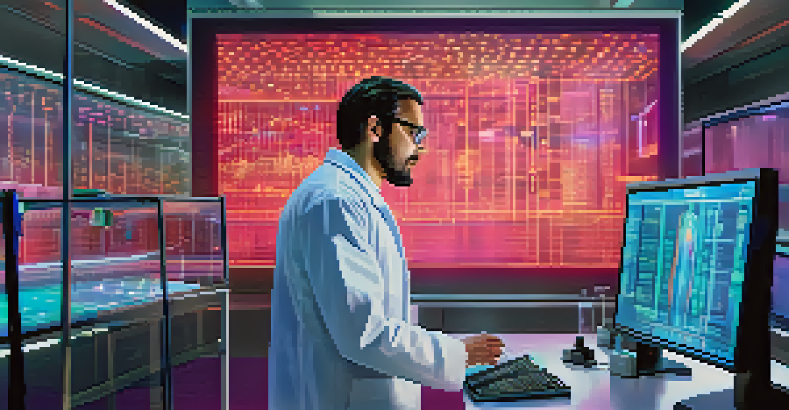 A scientist in a high-tech laboratory analyzing genomic data on a holographic screen, surrounded by advanced technology.