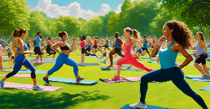 A diverse group of individuals exercising in a park, showcasing activities like jogging, yoga, and cycling, surrounded by greenery and a clear sky.