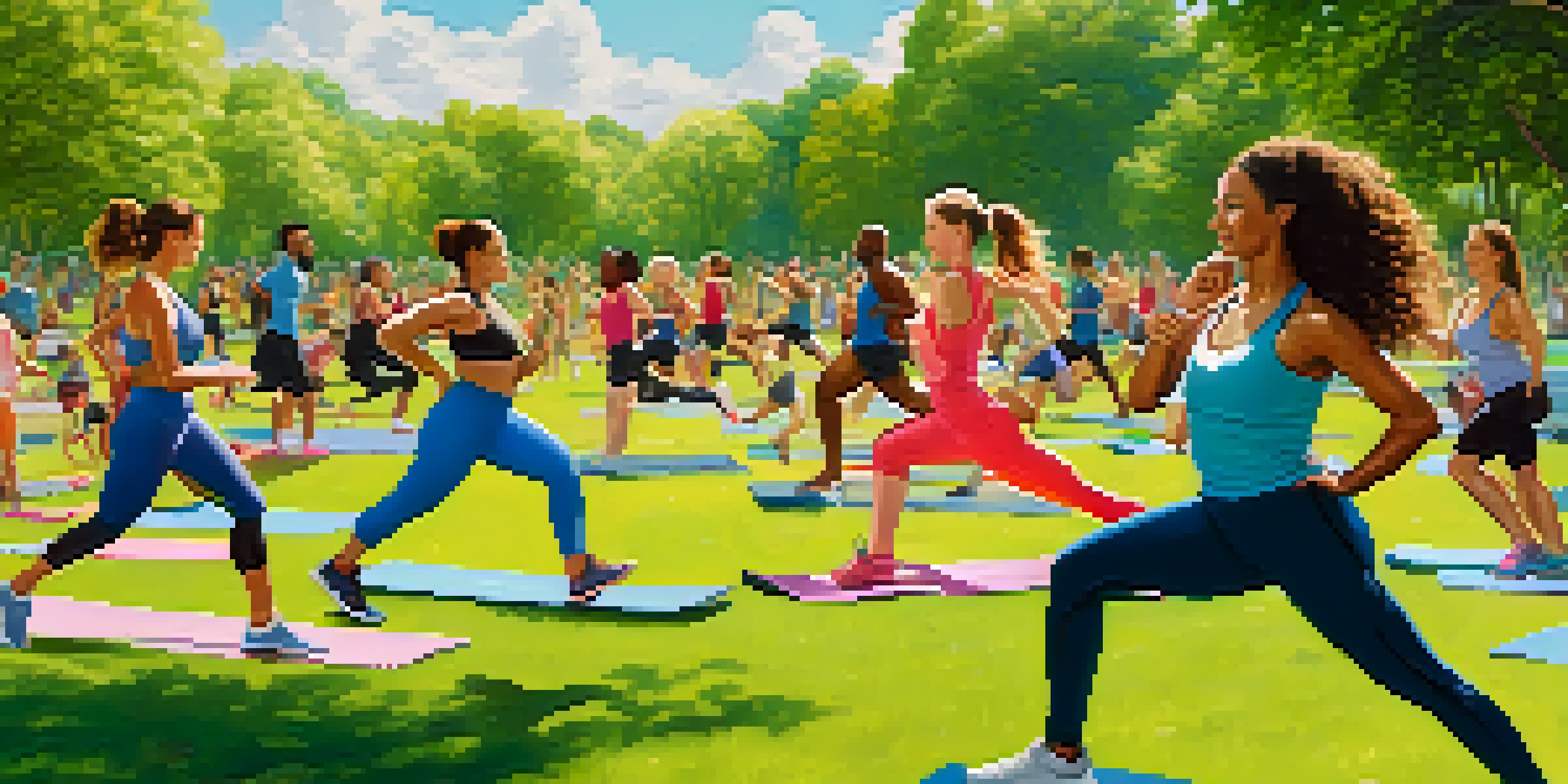 A diverse group of individuals exercising in a park, showcasing activities like jogging, yoga, and cycling, surrounded by greenery and a clear sky.