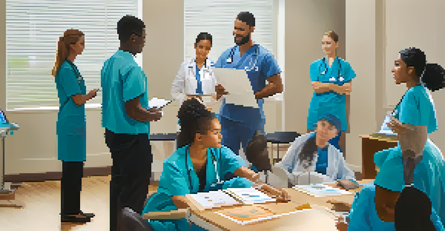 A diverse group of healthcare professionals engaged in a training session, practicing communication skills.
