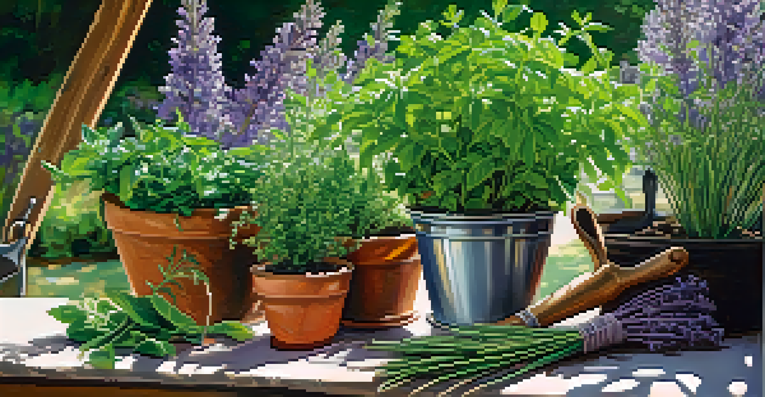 A close-up of fresh herbs in a vibrant herbal garden with sunlight and colorful flowers.
