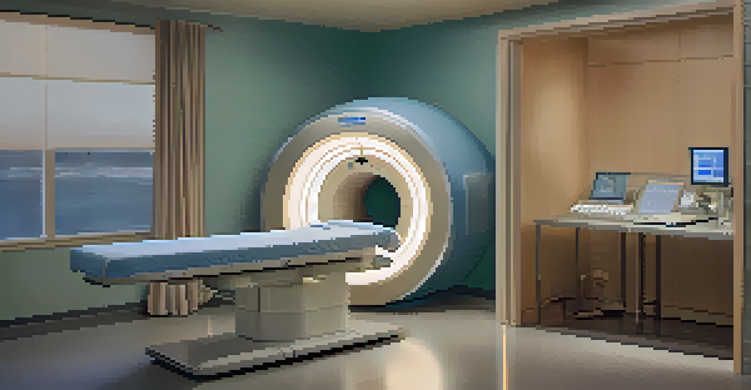 A modern MRI machine in a softly lit room, with a patient lying inside, surrounded by calming colors.