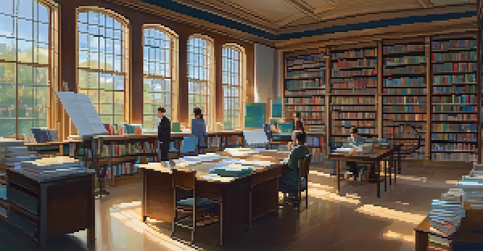 A library scene with researchers working together at a wooden table, sunlight streaming through windows, and a whiteboard filled with data graphs in the background.