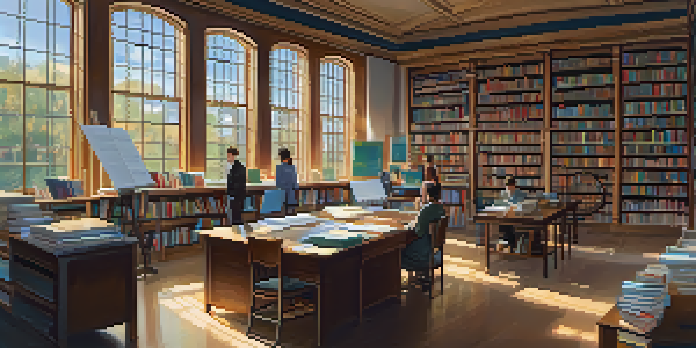 A library scene with researchers working together at a wooden table, sunlight streaming through windows, and a whiteboard filled with data graphs in the background.