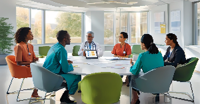 A healthcare leader discussing with a diverse team, emphasizing active listening and empathy in a bright hospital environment.