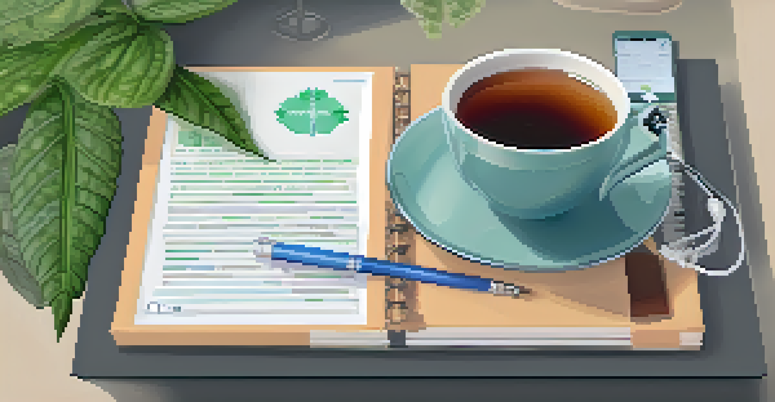 A smartphone showing a mental health app, surrounded by a notepad, a cup of herbal tea, and an indoor plant, symbolizing technology in mental health care.