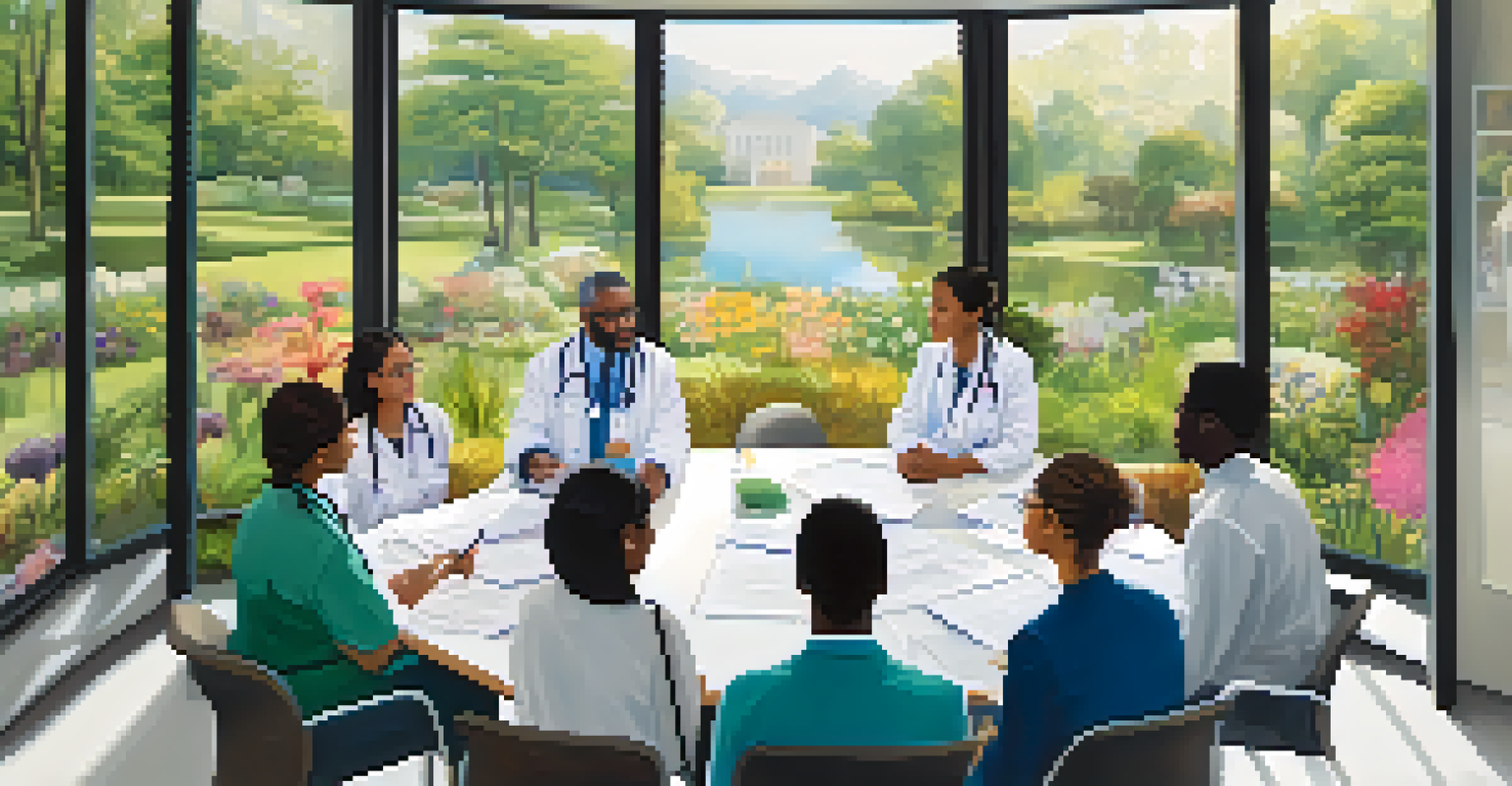 A diverse group of healthcare professionals discussing medical ethics in a bright meeting room filled with charts and a view of a garden.