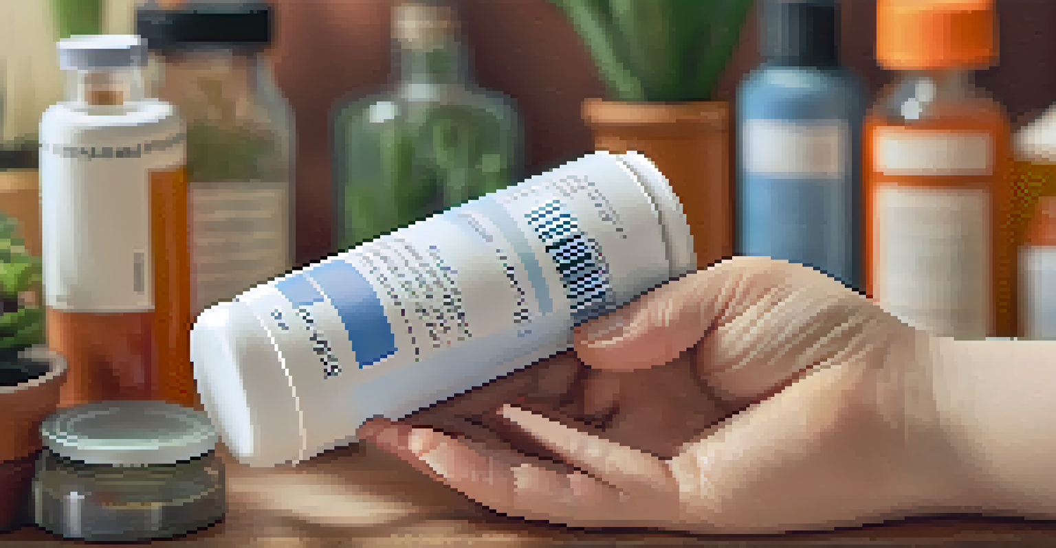 A close-up of a hand holding a prescription bottle for substance use disorder medications, set in a cozy home environment.