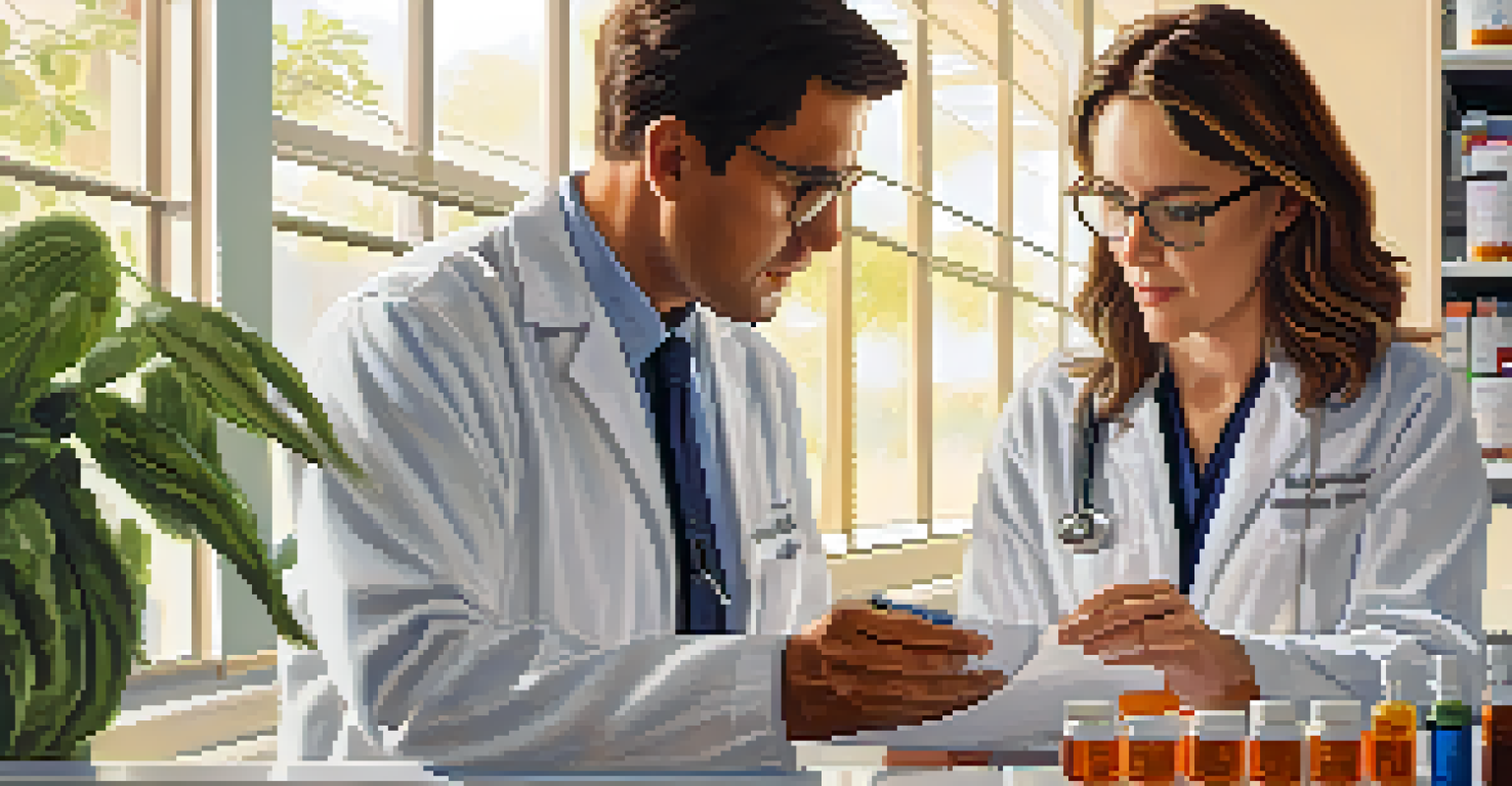 A clinical pharmacist explaining medication to a patient in a consultation room.