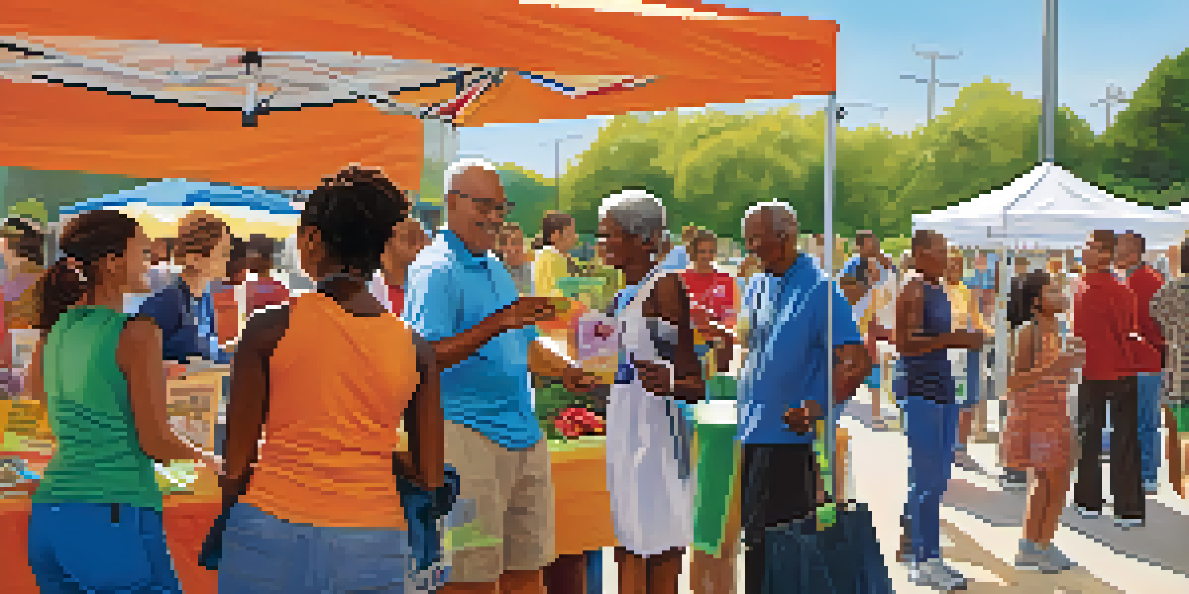 A lively health fair with diverse people interacting at informational booths, surrounded by colorful banners and a sunny atmosphere.