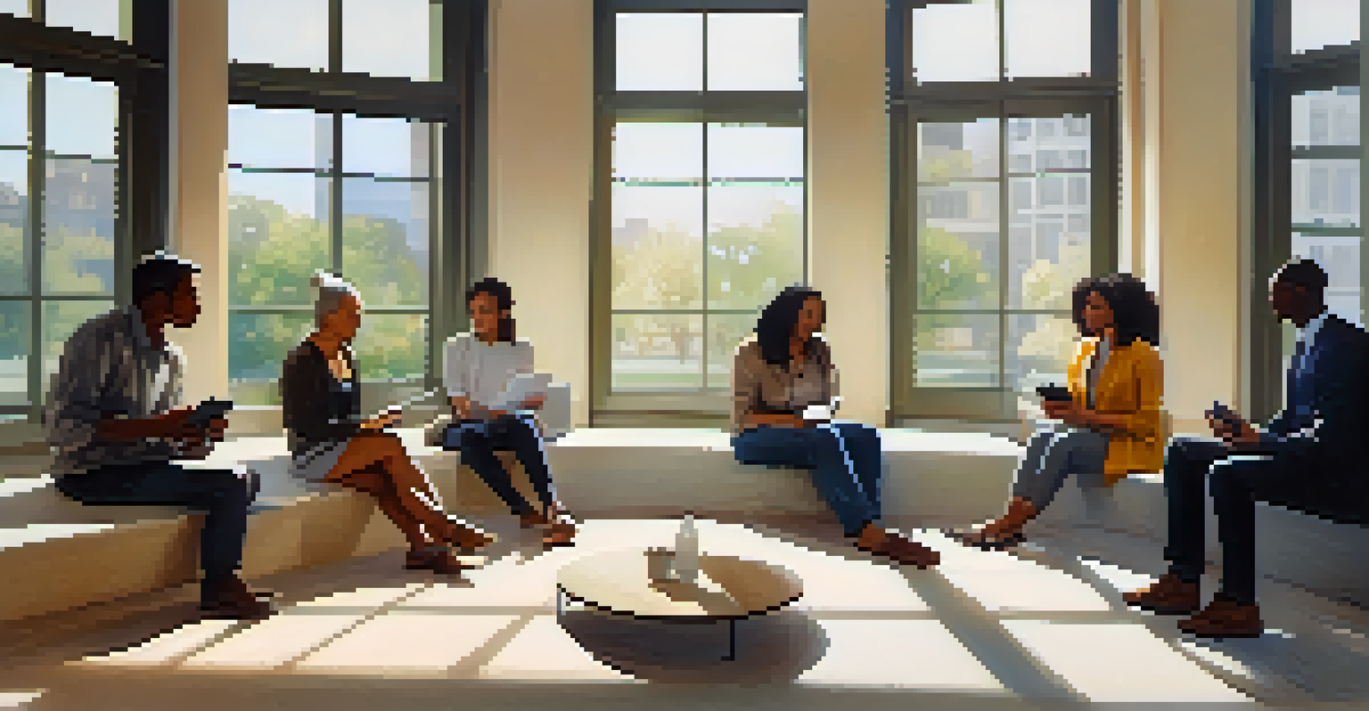 A diverse group of individuals discussing health management with tablets and smartphones, illuminated by sunlight.