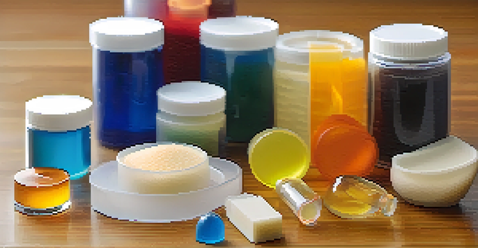 A close-up view of biodegradable polymer samples on a laboratory table, with a softly blurred background.