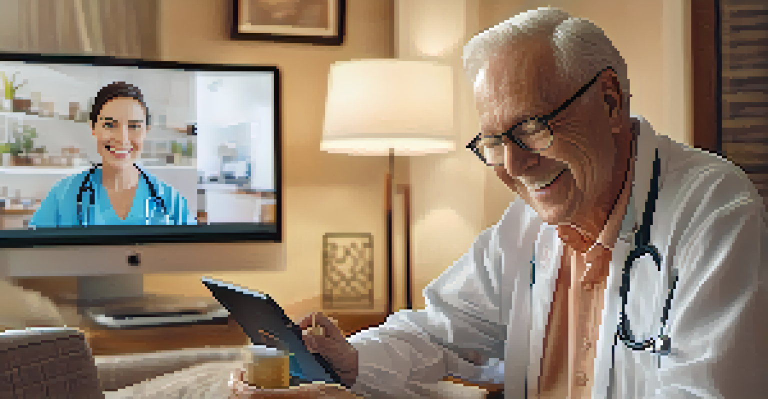 An elderly man consulting with a healthcare provider via telemedicine on a tablet in his living room, creating a sense of connection.