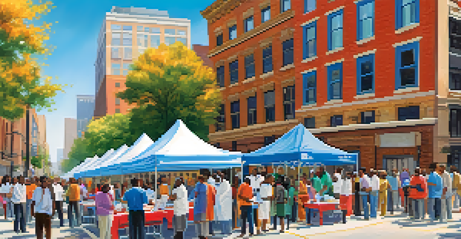 A community health event with diverse individuals receiving free health screenings and interacting with healthcare providers.