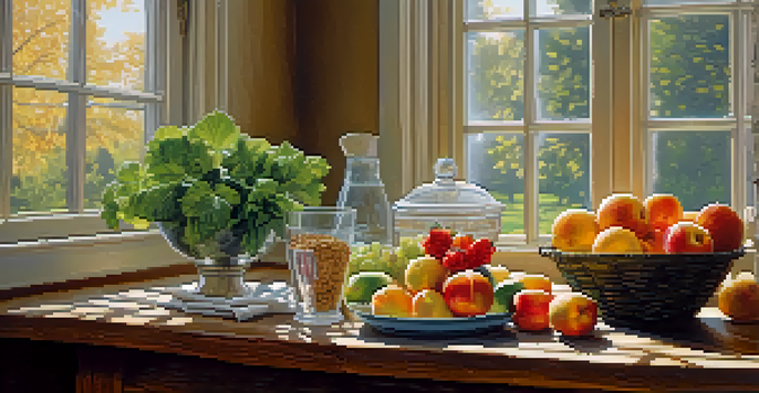 A bright kitchen table filled with colorful fruits and vegetables, whole grains, and a glass of water, illuminated by natural light.