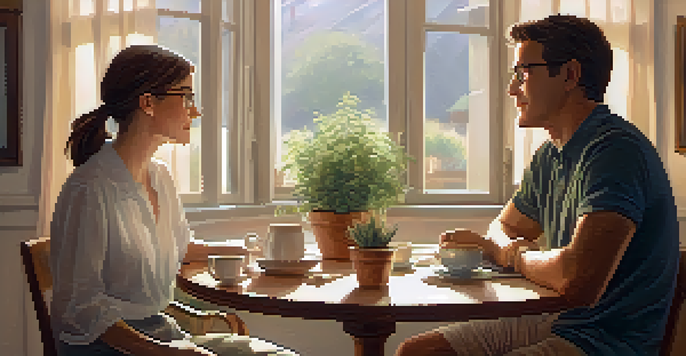 A health coaching session featuring a coach and a client in a cozy room, with sunlight illuminating the space and a table with a notebook and tea.