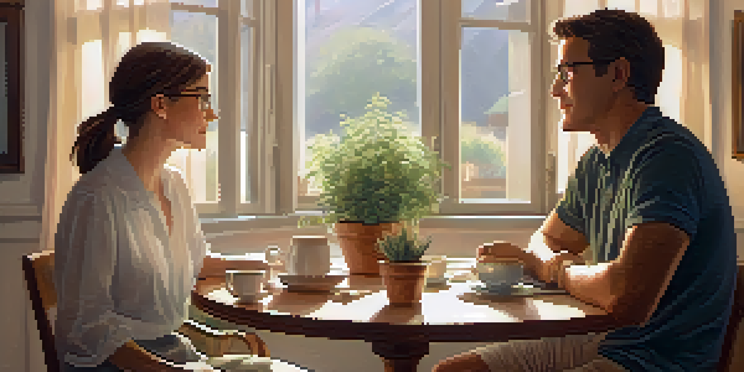 A health coaching session featuring a coach and a client in a cozy room, with sunlight illuminating the space and a table with a notebook and tea.