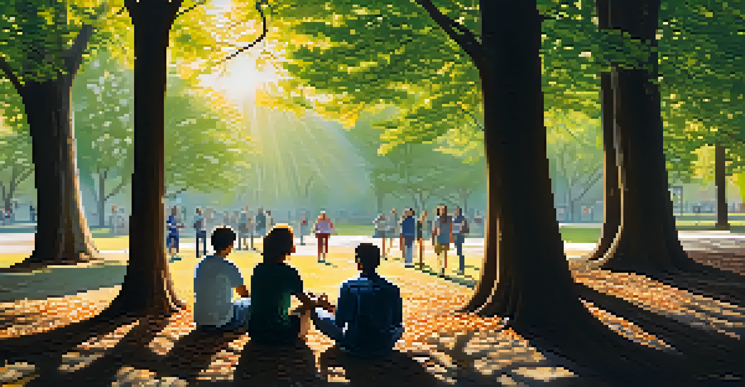 A group of people holding hands in a park, sharing stories and supporting one another.