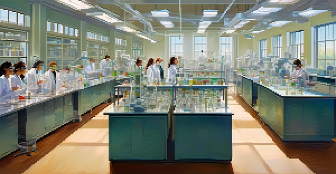 A diverse group of researchers in a laboratory conducting experiments in regenerative medicine, with lab equipment and natural light.