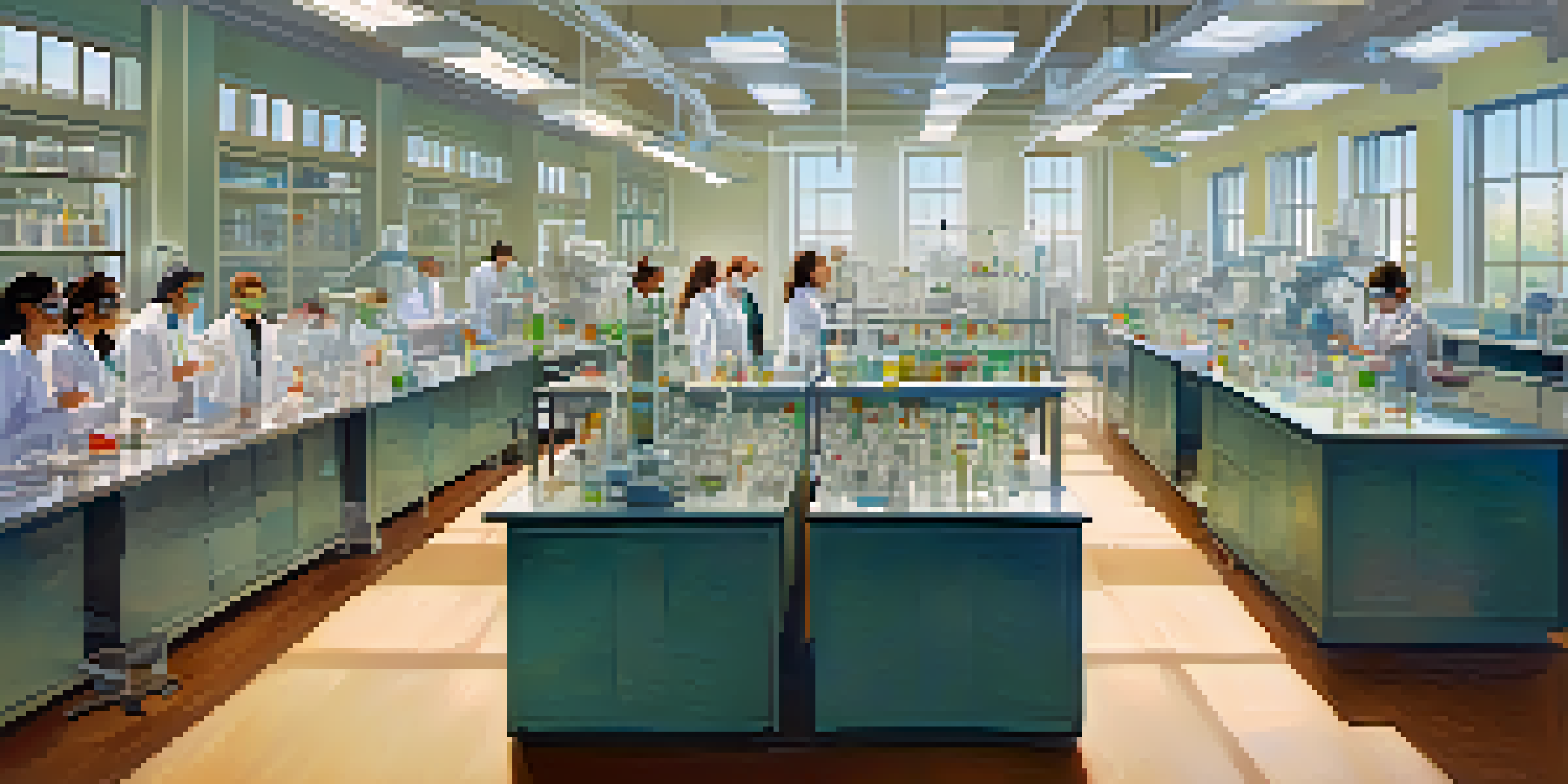 A diverse group of researchers in a laboratory conducting experiments in regenerative medicine, with lab equipment and natural light.