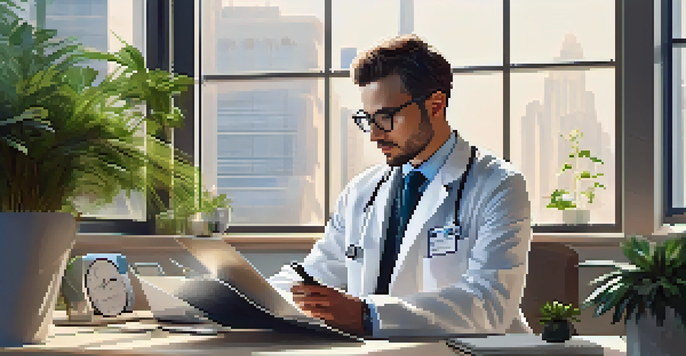 A healthcare professional reviewing a digital health record on a tablet at a modern desk, surrounded by plants and natural light.