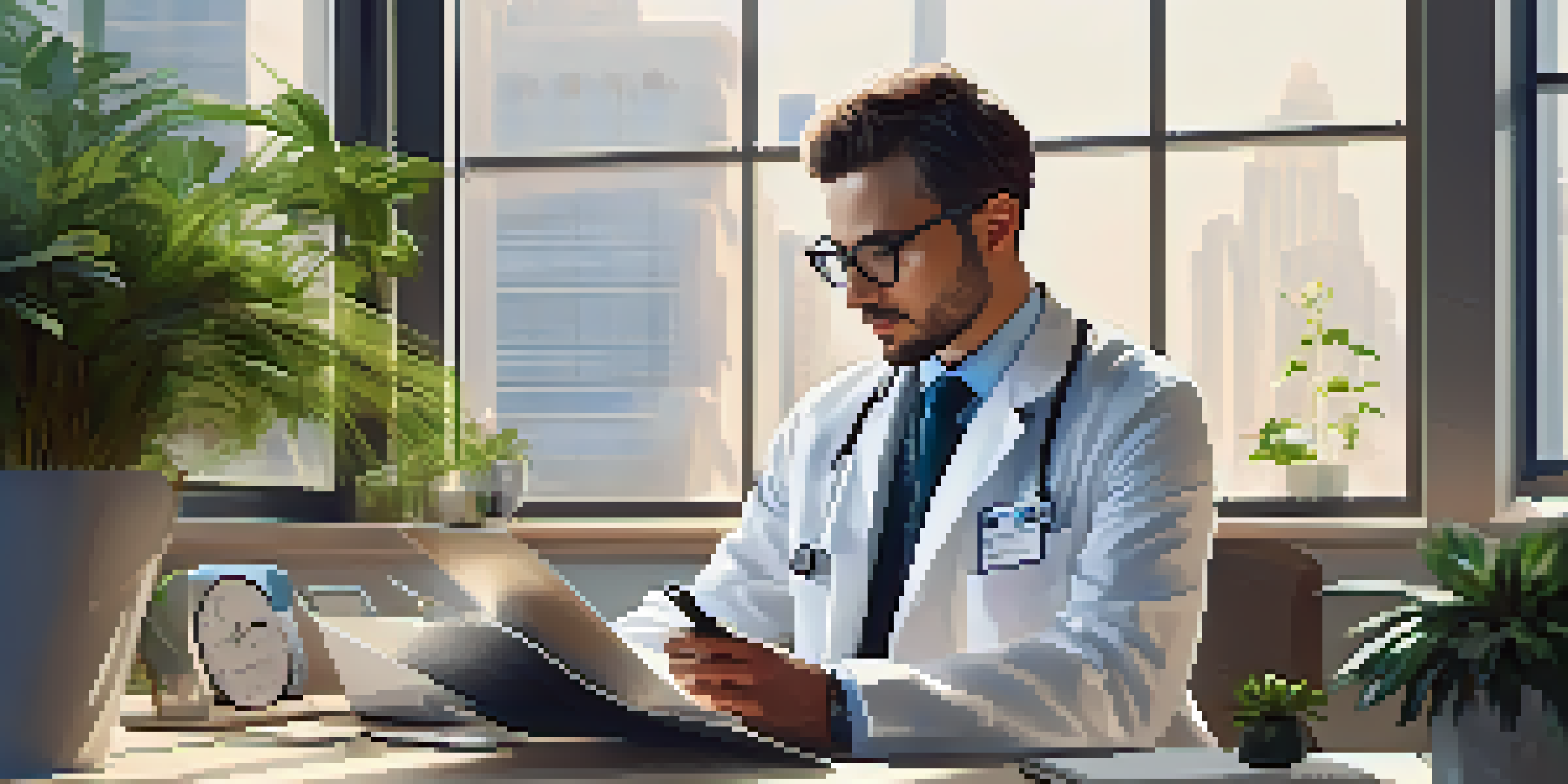 A healthcare professional reviewing a digital health record on a tablet at a modern desk, surrounded by plants and natural light.