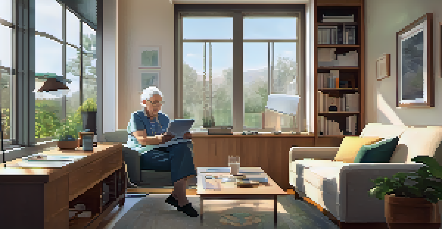 An elderly person using a tablet for health monitoring in a well-organized home office, with natural light illuminating the scene.