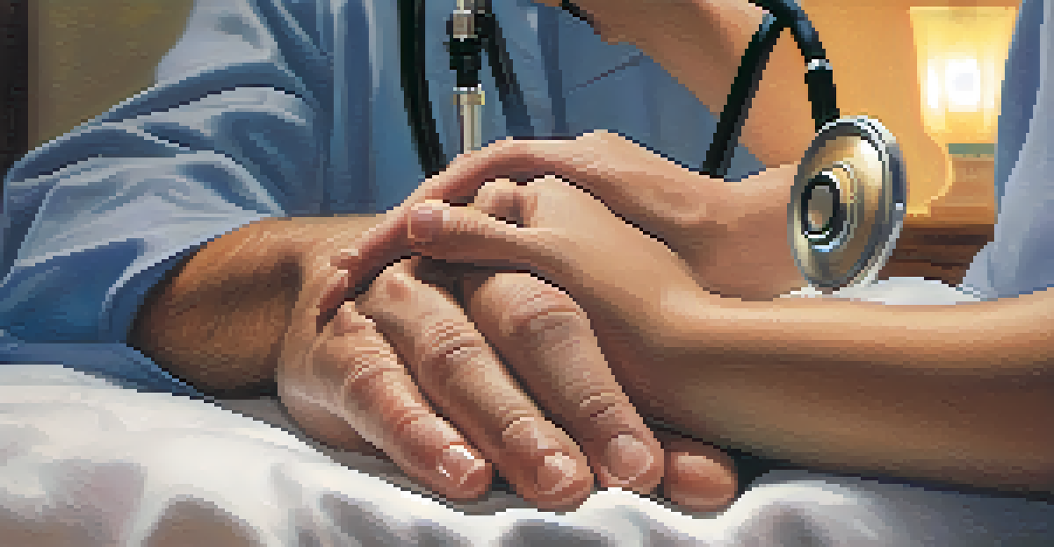 A close-up of a healthcare provider's hands resting on a patient's hands, symbolizing empathy.
