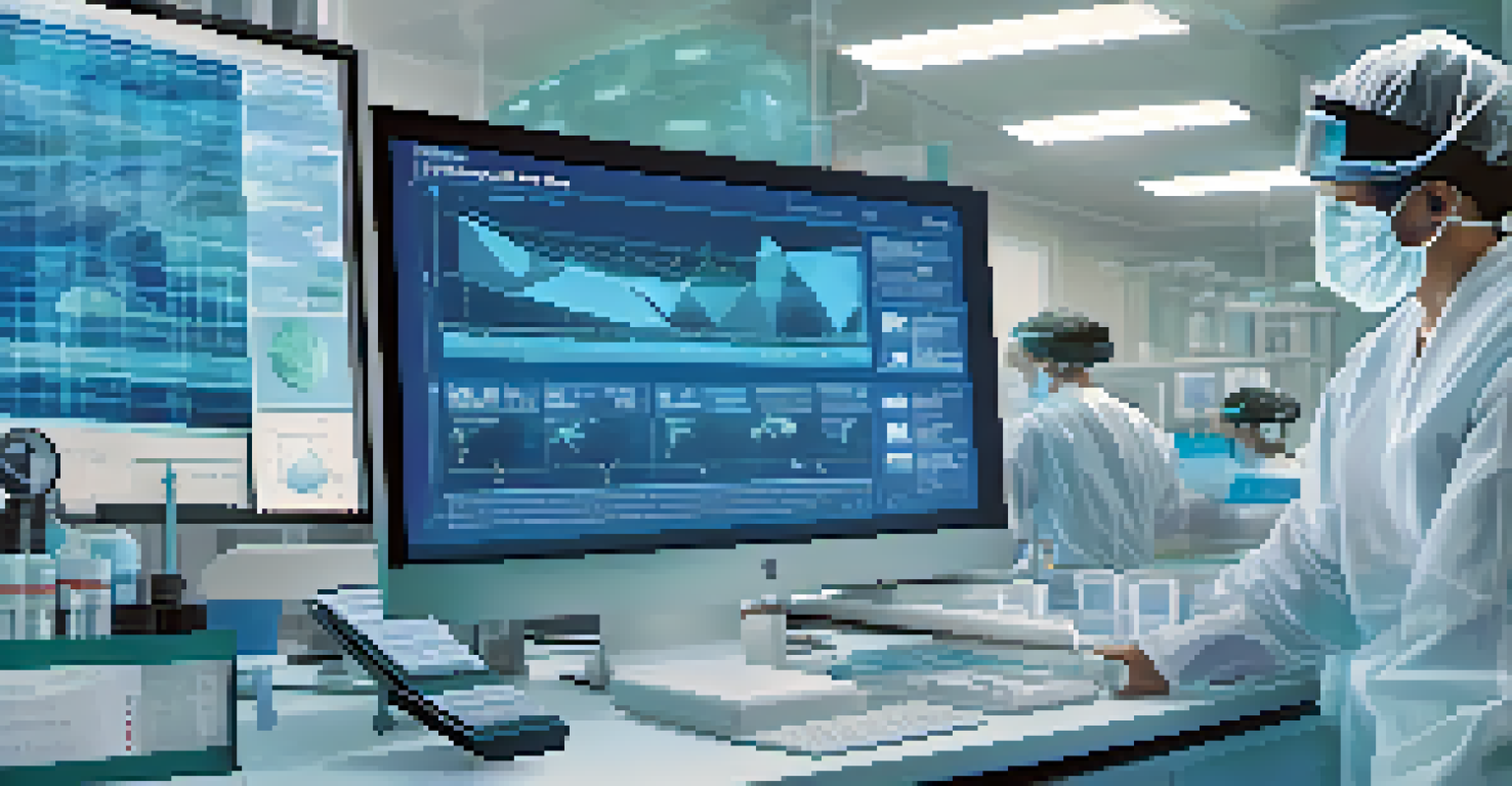 A digital interface displaying graphs and patient data related to clinical trials, set against a blurred laboratory background.
