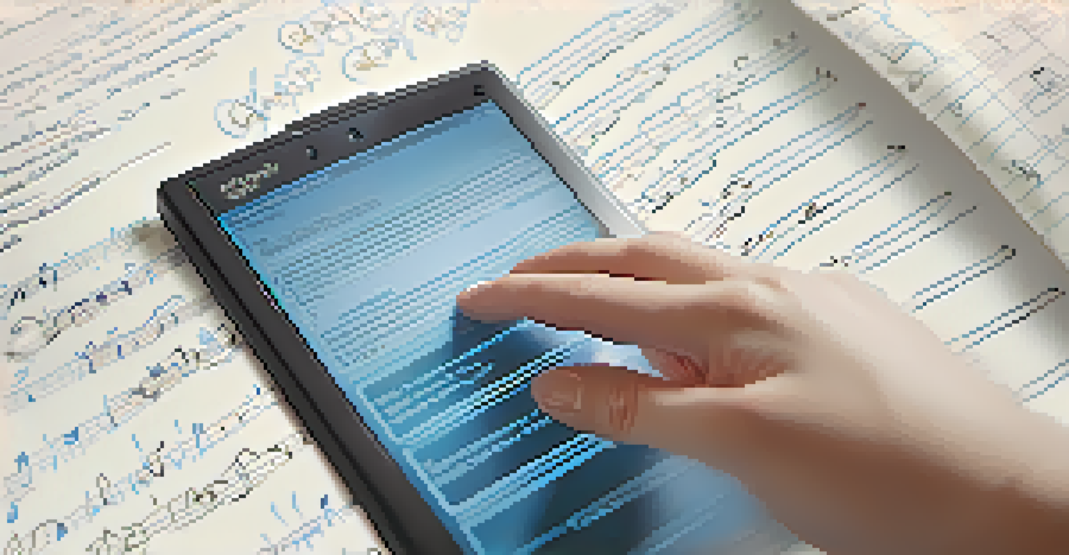 A close-up of a healthcare professional's hand using a voice recognition device, showing transcribed notes on a digital screen.