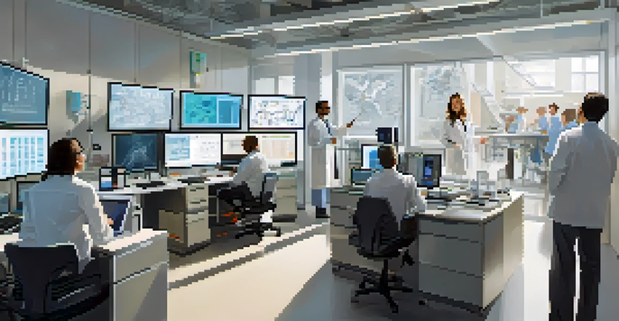 A diverse group of researchers collaborating in a bright laboratory filled with computer screens and lab equipment.