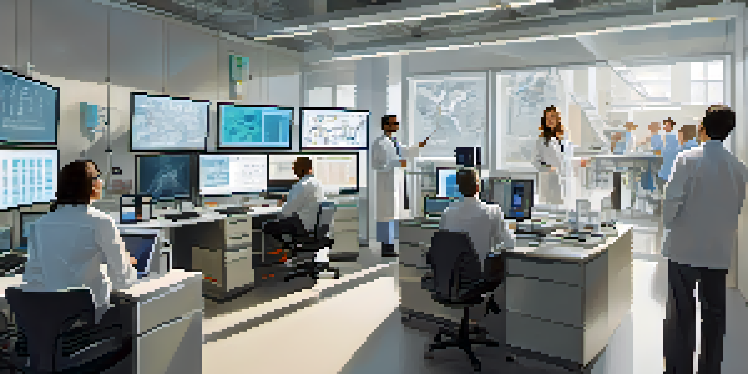 A diverse group of researchers collaborating in a bright laboratory filled with computer screens and lab equipment.