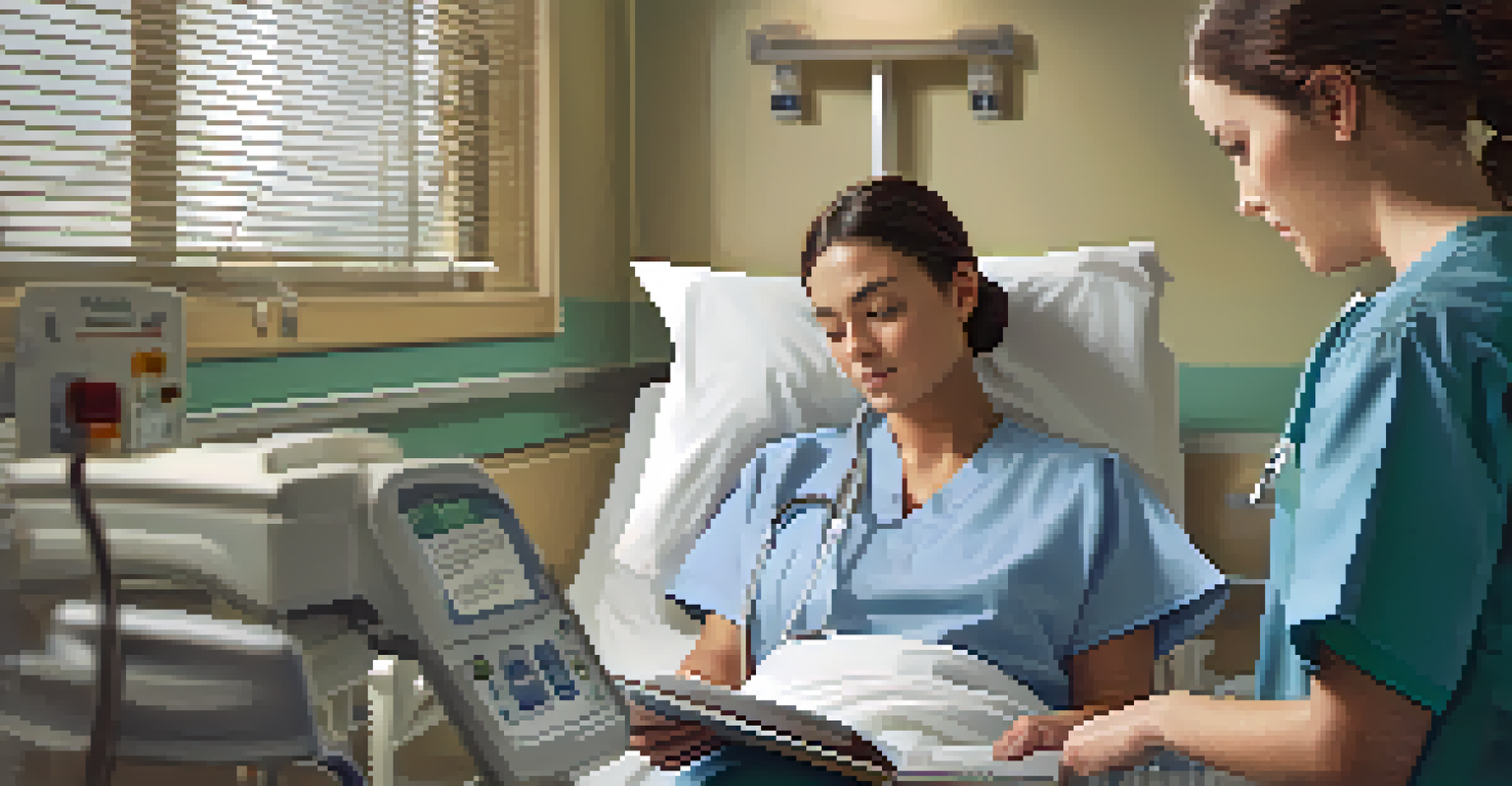 A patient reading clear discharge instructions in a hospital room, with a nurse in the background.