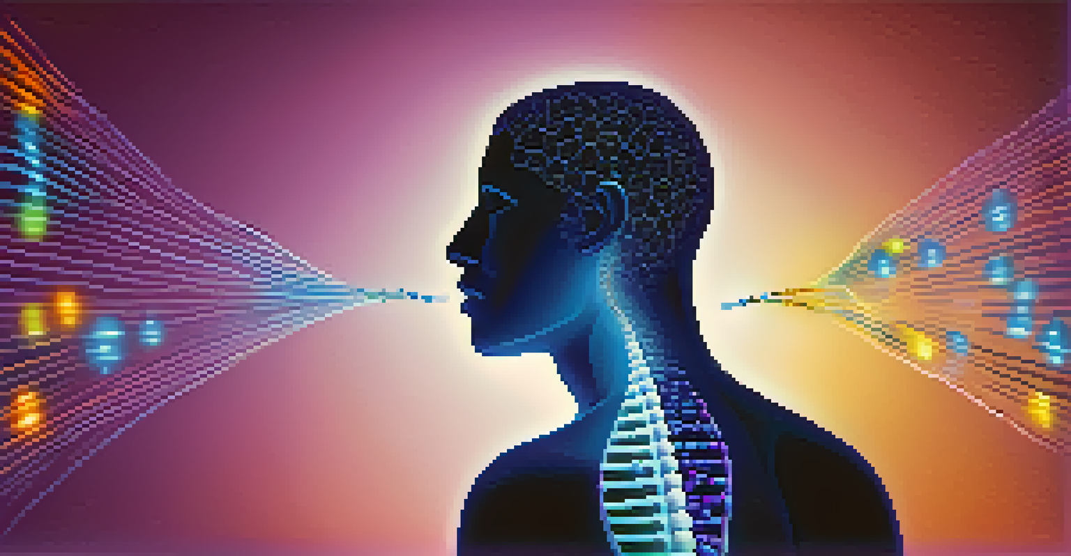 A silhouette of a human figure filled with colorful DNA structures and genetic markers, against a gradient background.