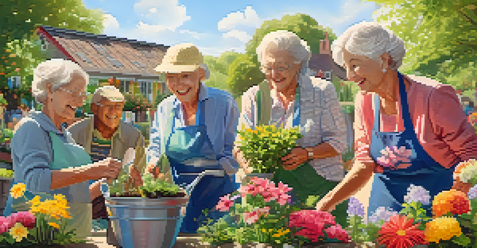 Elderly friends joyfully working together in a community garden, planting flowers under the sun.