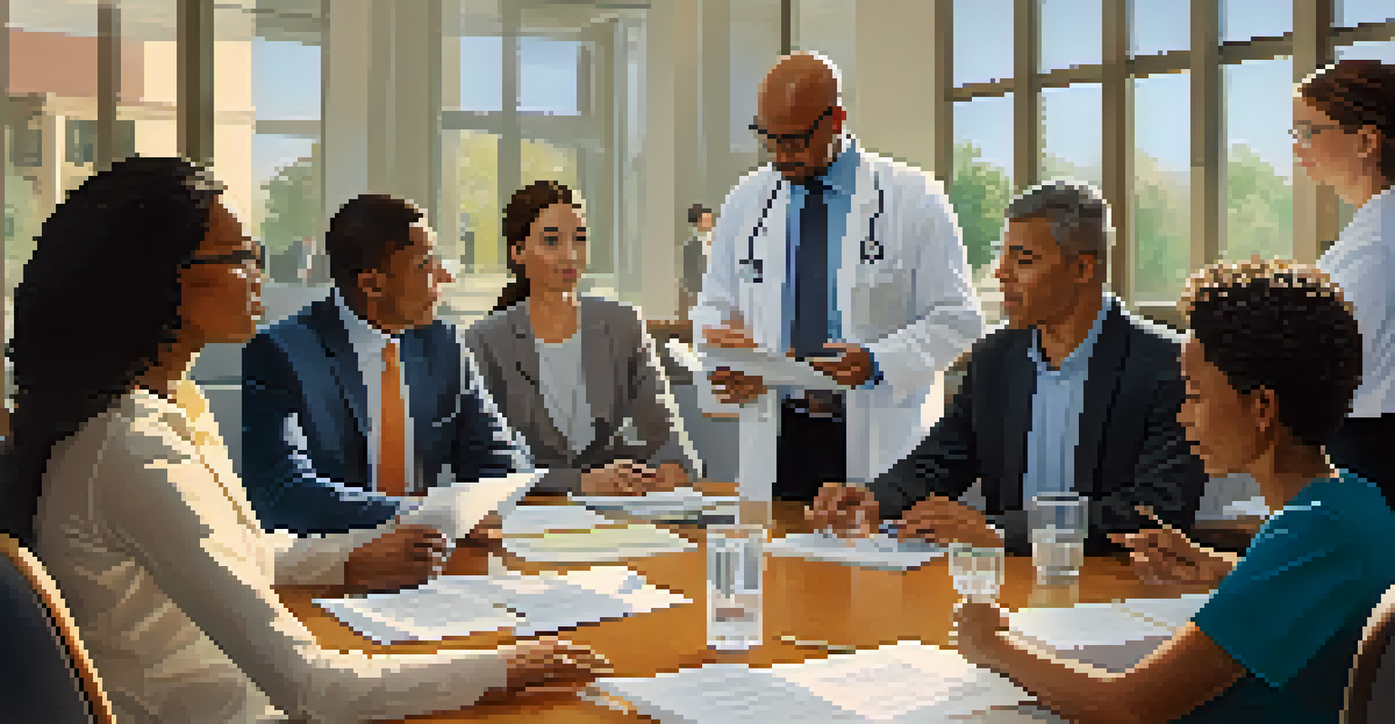 A diverse group of people discussing healthcare decisions around a table, with documents and laptops in a warm-lit setting.
