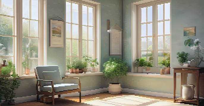 A peaceful therapy room with a comfortable armchair, a cup of tea, and a garden view through the window.