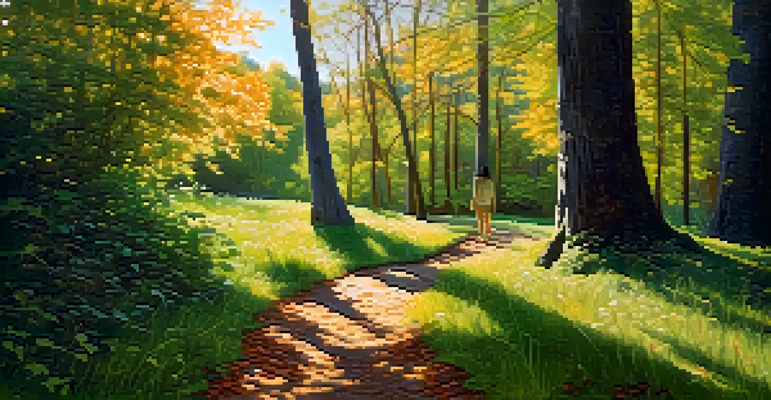 A person walking slowly on a forest path, practicing mindfulness amidst dappled sunlight and greenery.