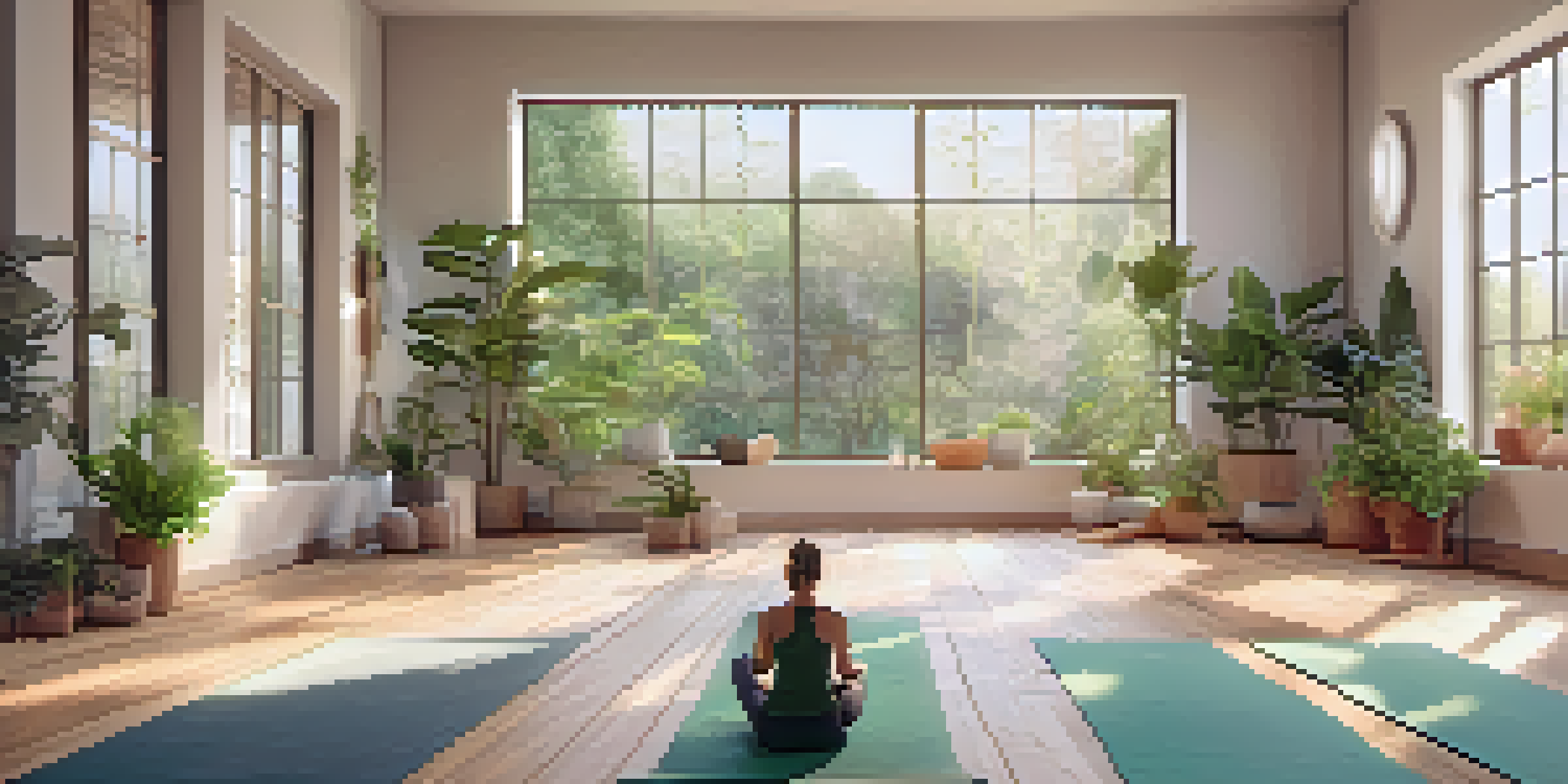 A peaceful yoga studio with a person practicing yoga, natural light, wooden floors, and plants.