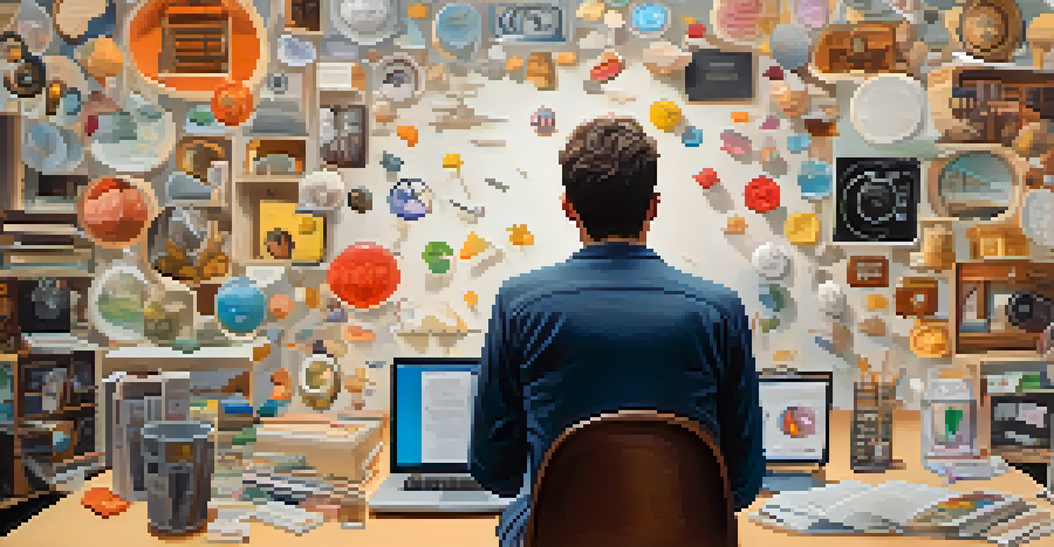 A person at a desk with floating memory icons, set against a colorful background representing emotional impact on memory.
