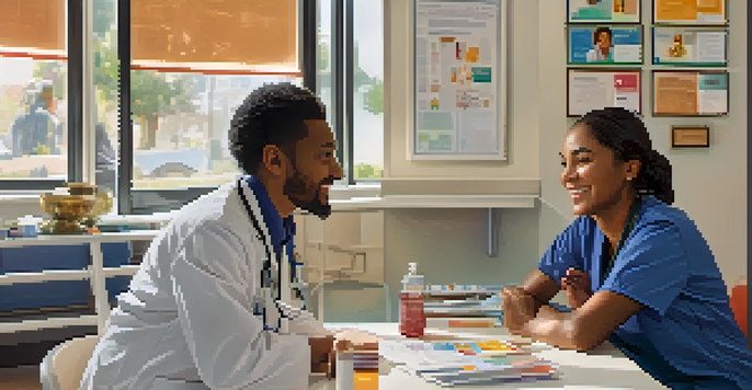 A healthcare provider talking to a patient in a clinic, showcasing cultural competence with multilingual brochures and cultural decorations.