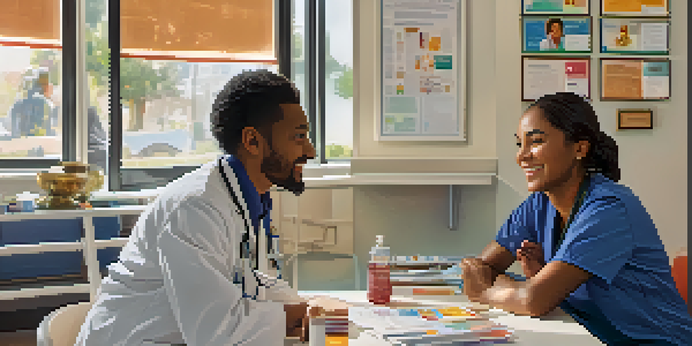 A healthcare provider talking to a patient in a clinic, showcasing cultural competence with multilingual brochures and cultural decorations.