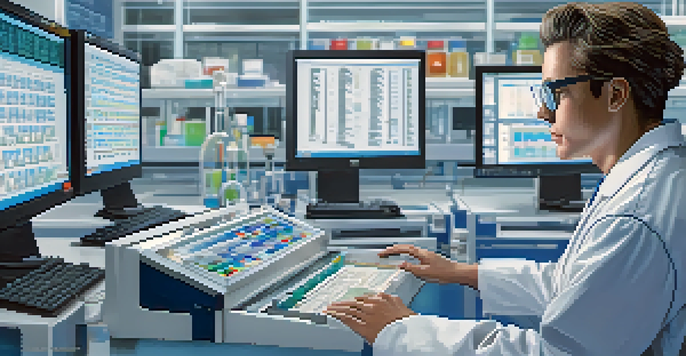 A scientist in a lab coat examining DNA sequences on a computer in a modern laboratory, surrounded by high-tech equipment, with bright white and blue lighting.