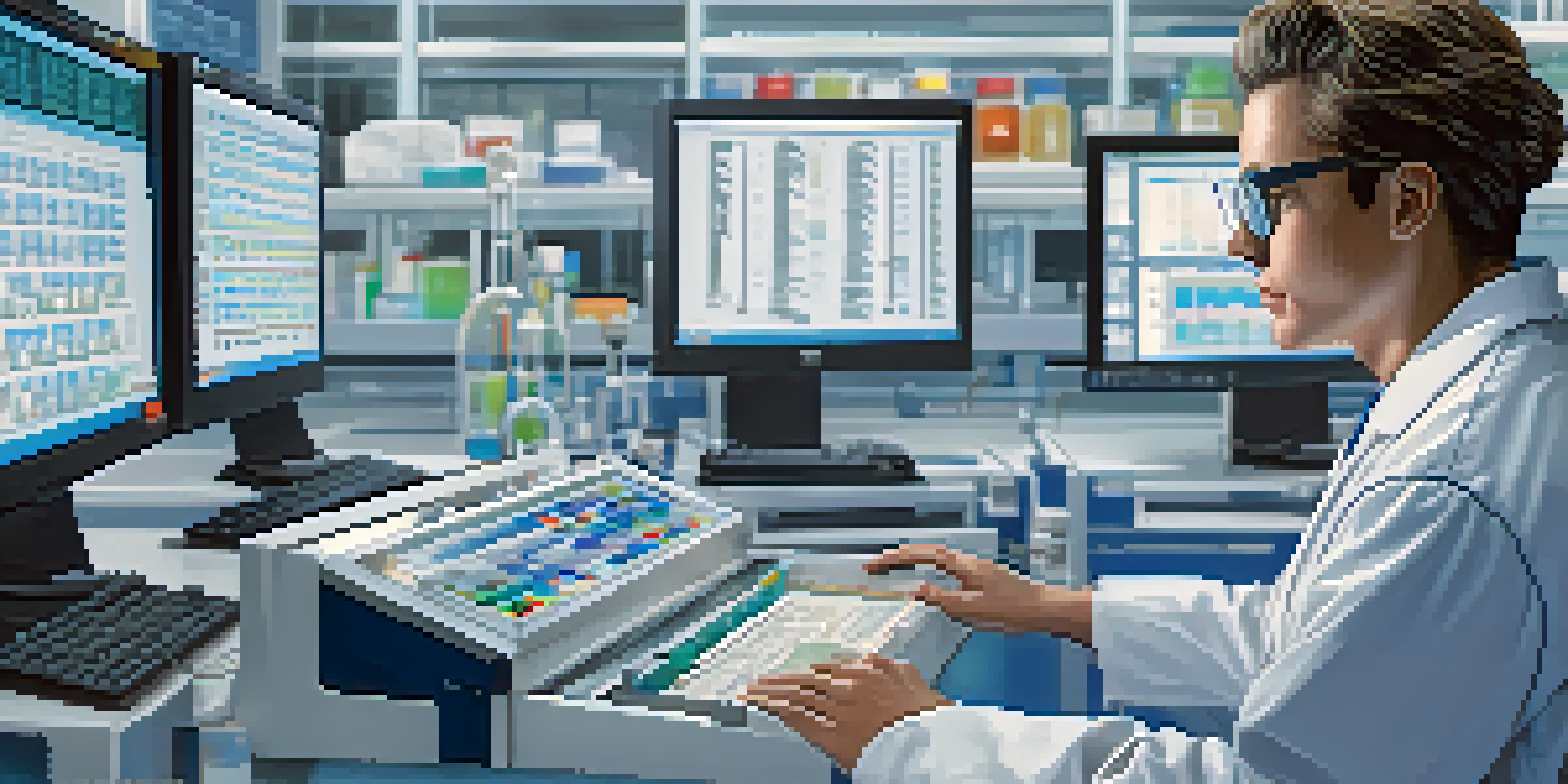 A scientist in a lab coat examining DNA sequences on a computer in a modern laboratory, surrounded by high-tech equipment, with bright white and blue lighting.