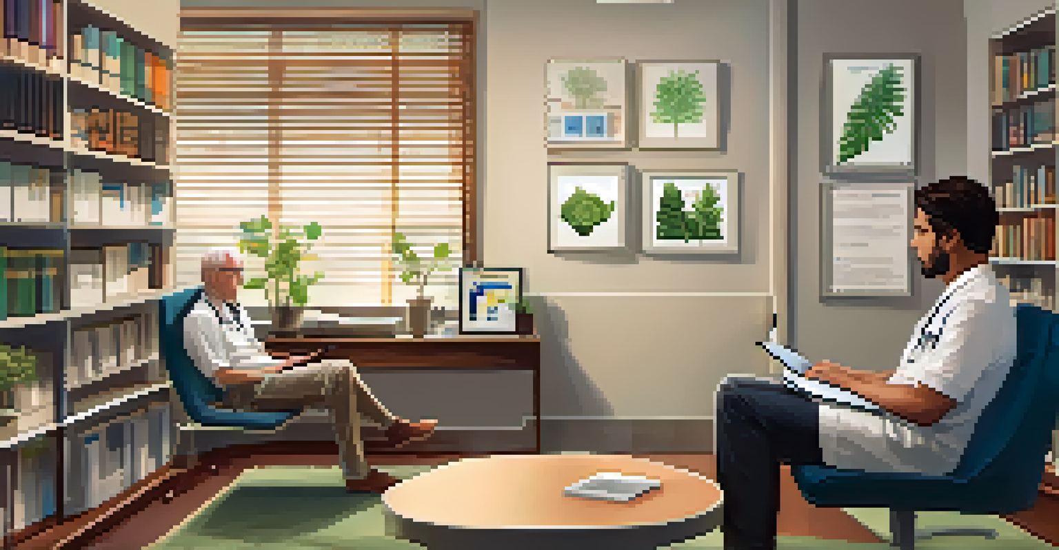 A genetic counselor discussing testing results with a patient in a cozy office environment, using a digital tablet for visual aids.