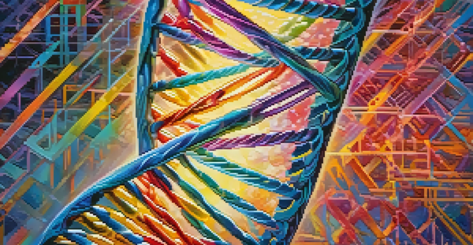A close-up view of a colorful DNA double helix structure surrounded by abstract genetic sequences, illuminated softly.